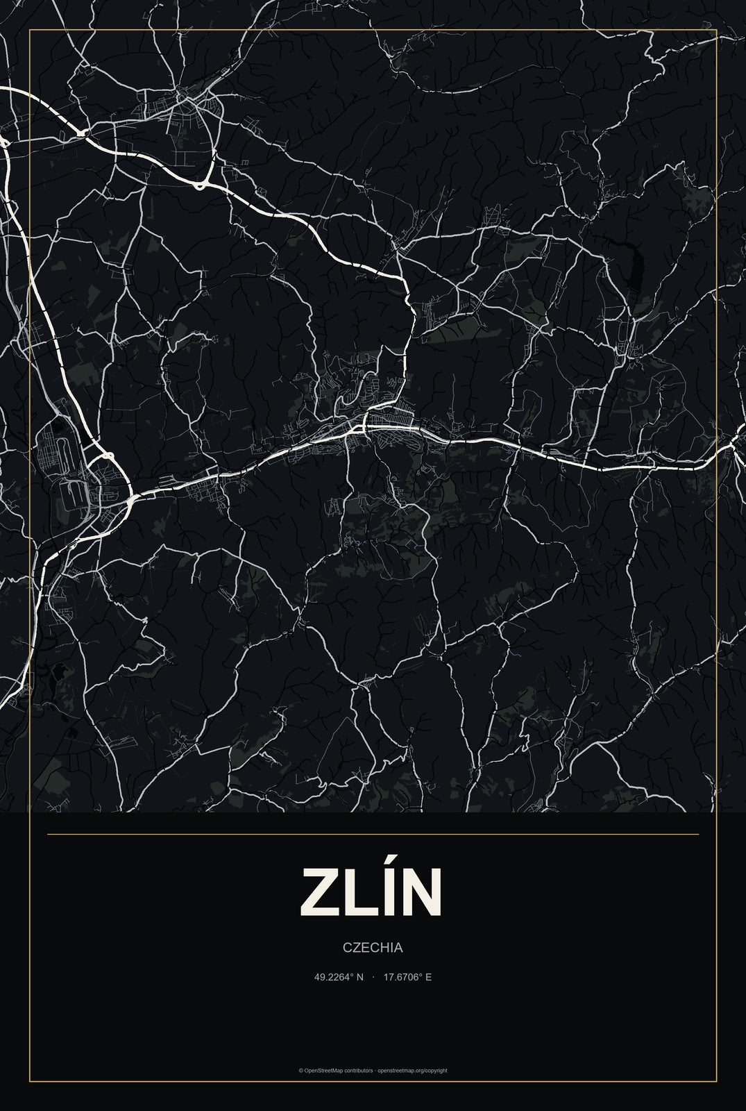 Zlín, Czechia City Map Aluminum Sign in Metropolitan Noir style
