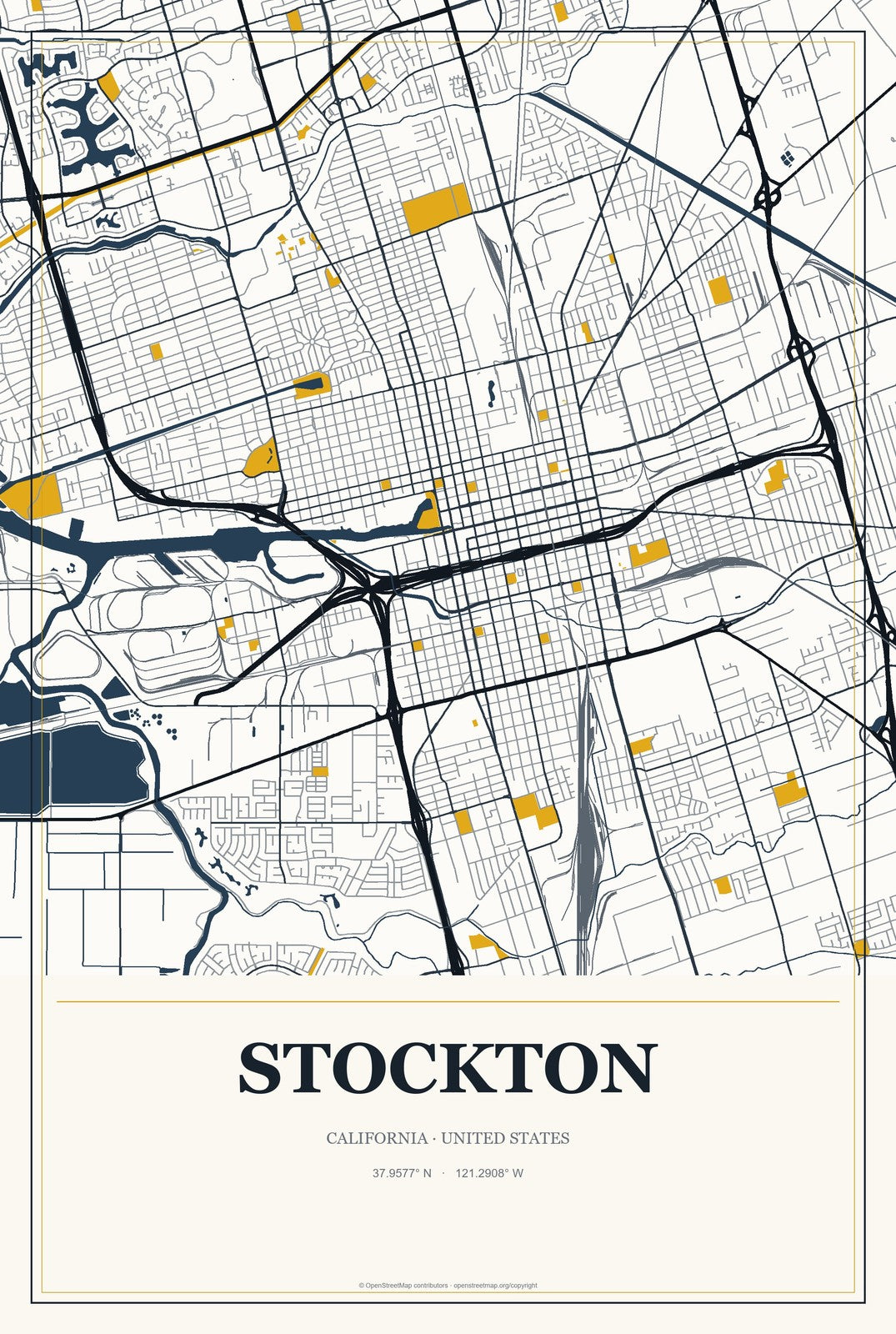 Stockton, California City Map Aluminum Sign in Citrine Modern style