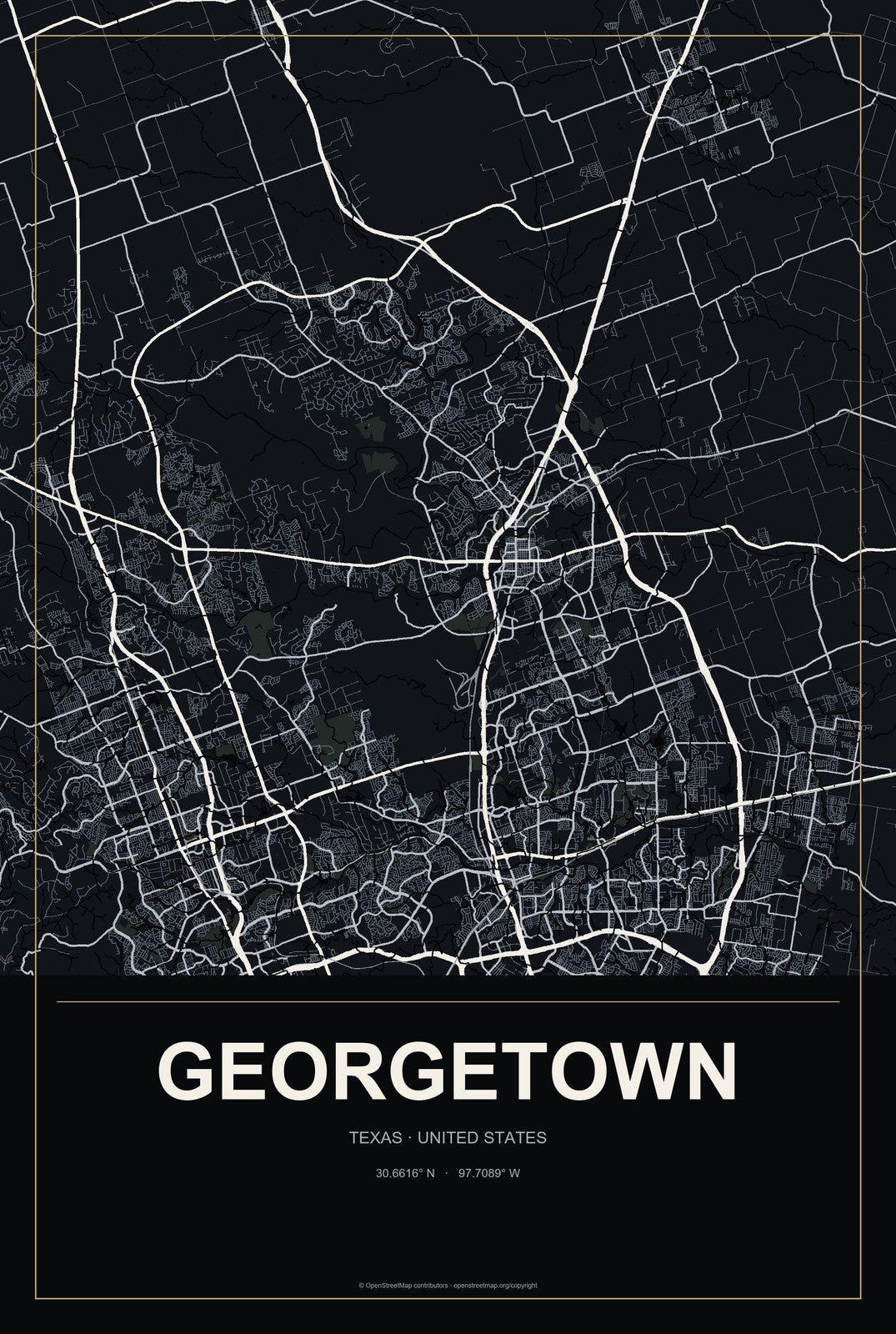 Georgetown, Texas City Map Aluminum Sign in Metropolitan Noir style