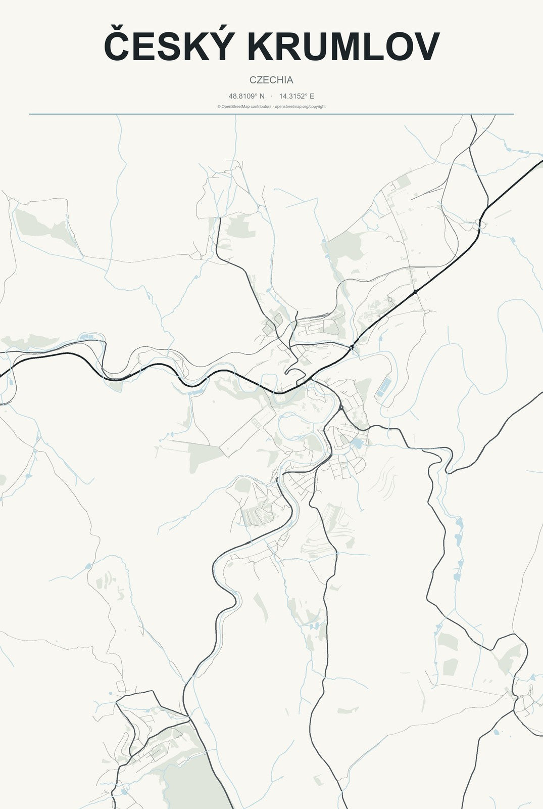 Český Krumlov, Czechia City Map Aluminum Sign in Headline Atlas style
