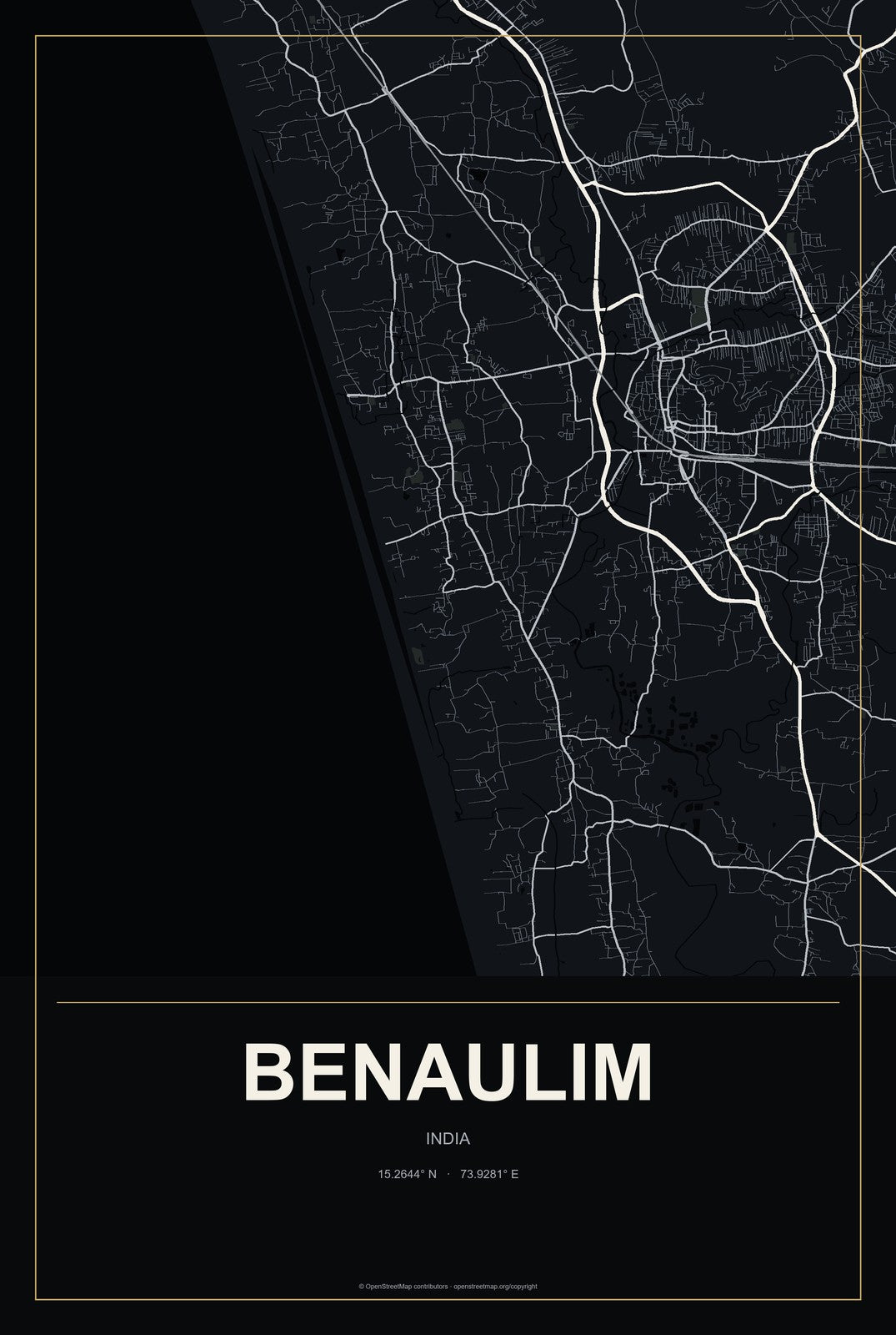 Benaulim, India City Map Aluminum Sign in Metropolitan Noir style