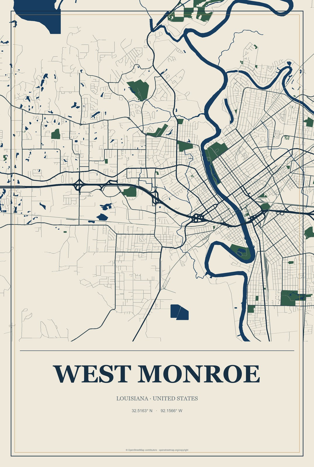West Monroe, Louisiana City Map Aluminum Sign in Coastal Cutout style