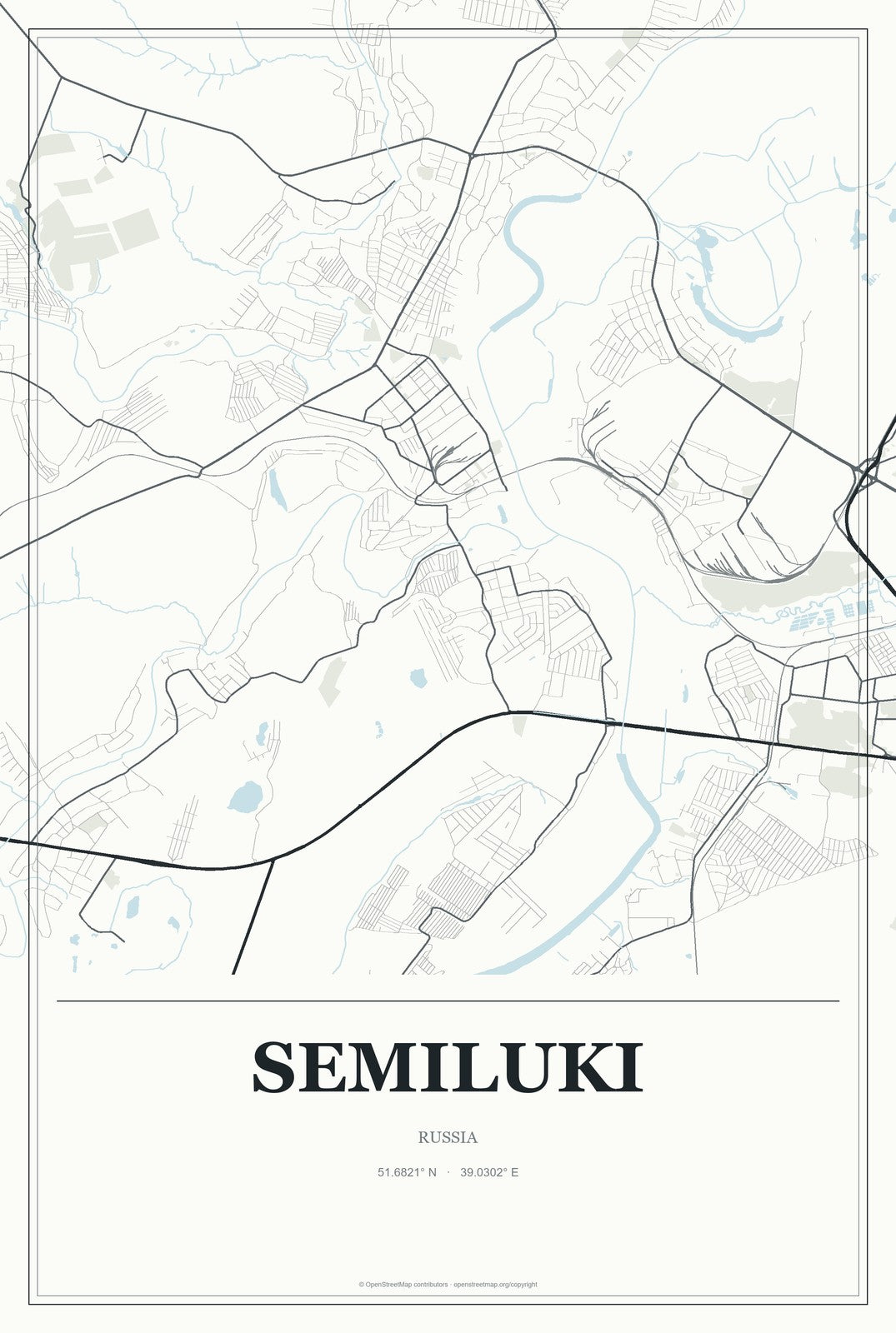 Semiluki, Russia City Map Aluminum Sign in Gallery Air style