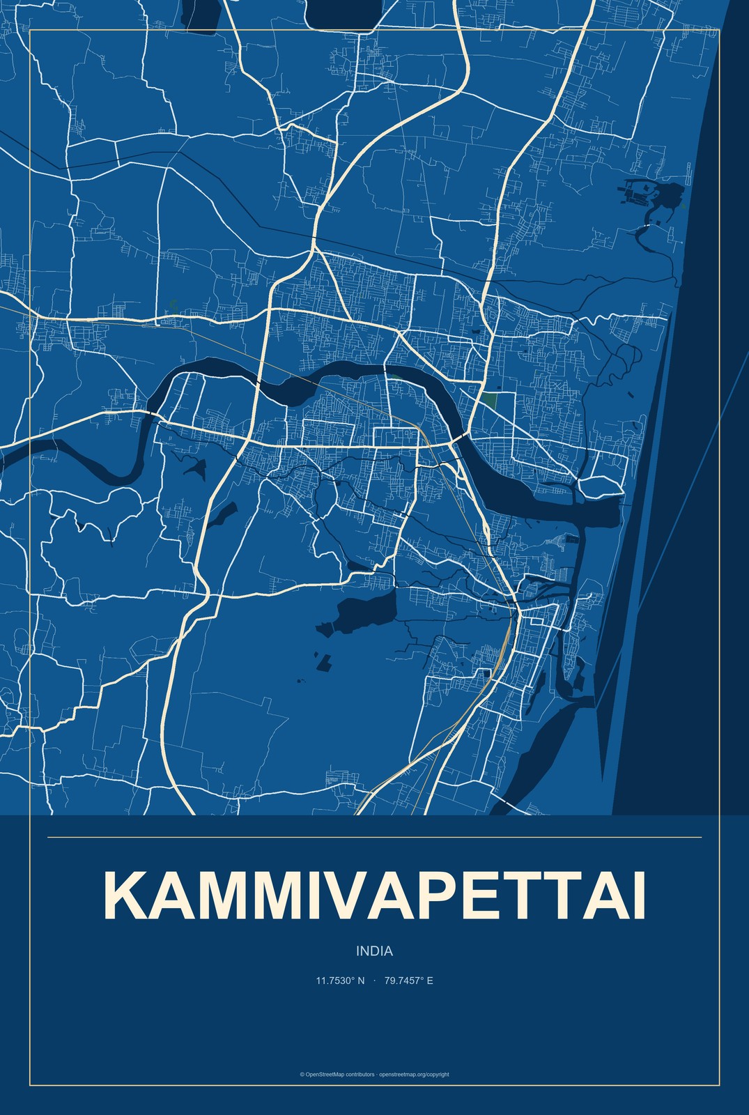 Kammivapettai, India City Map Aluminum Sign in Harbor Cobalt style