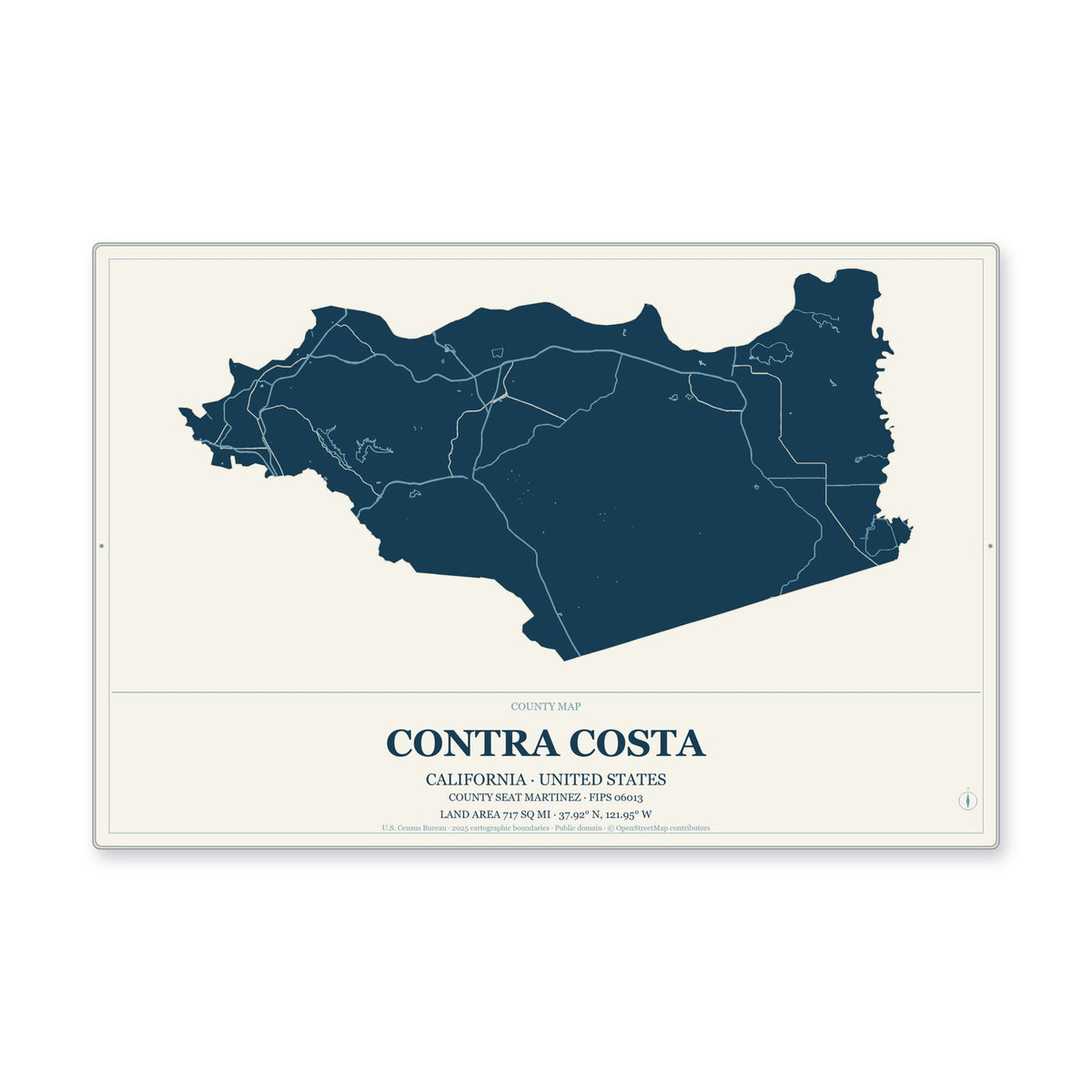 Contra Costa County, California Map Aluminum Sign in Coastal Cutout style