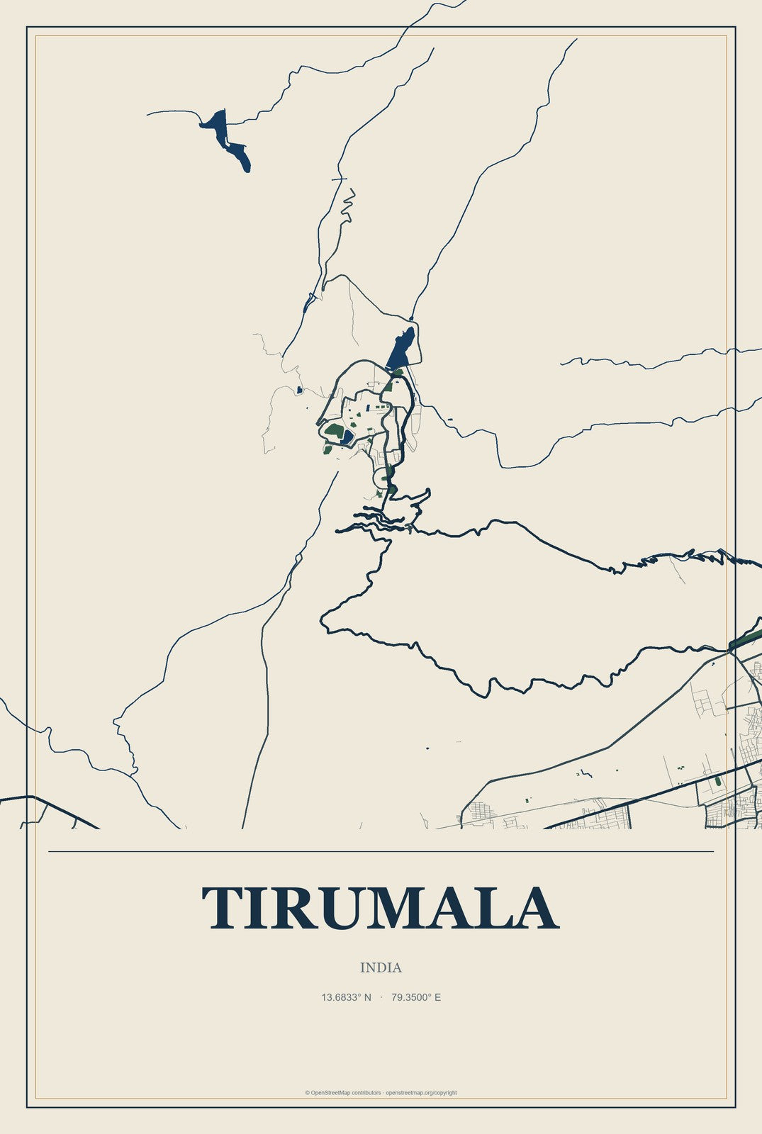 Tirumala, India City Map Aluminum Sign in Coastal Cutout style