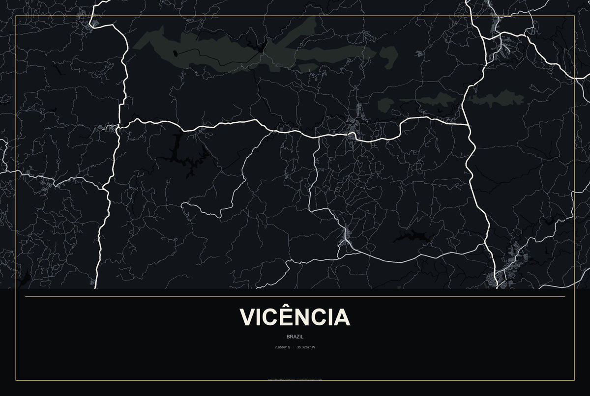 Vicência, Brazil City Map Aluminum Sign in Metropolitan Noir style