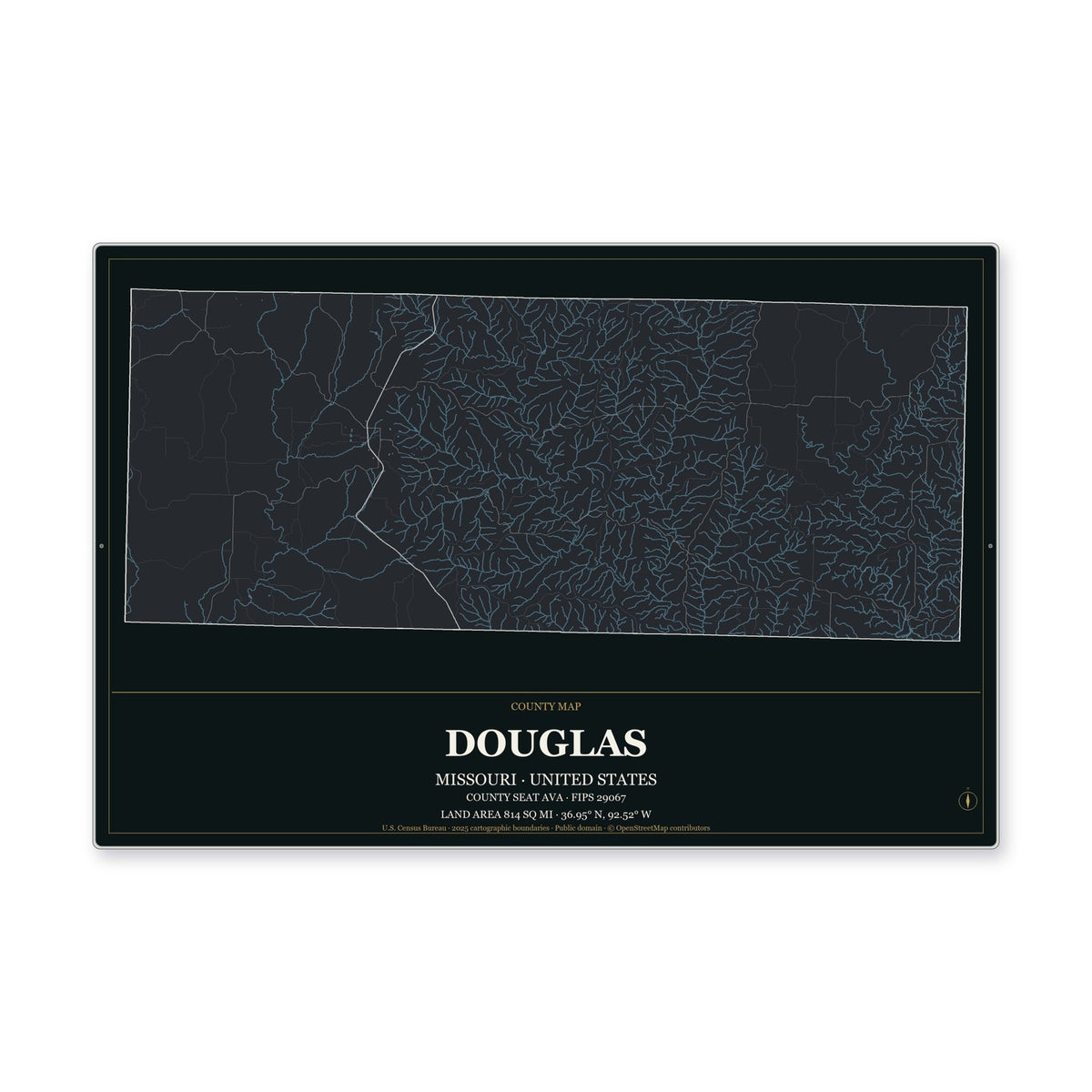 Douglas County, Missouri Map Aluminum Sign in Metropolitan Noir style