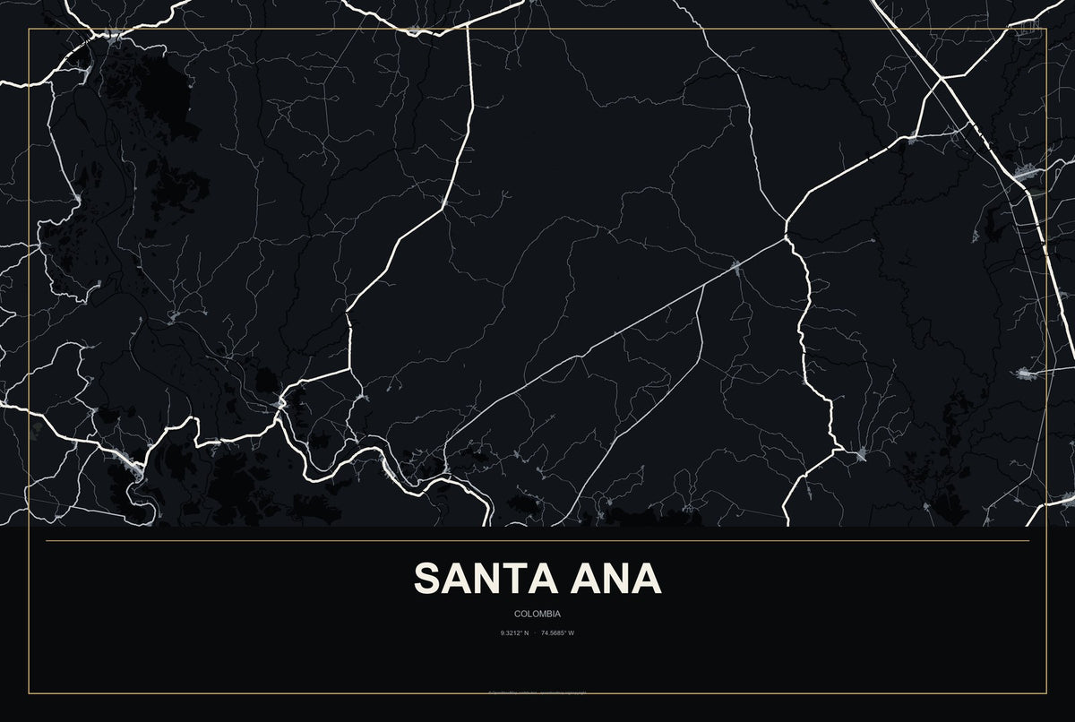 Santa Ana, Colombia City Map Aluminum Sign in Metropolitan Noir style