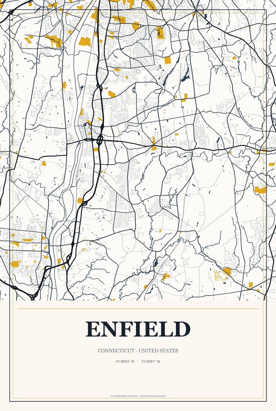 Enfield, Connecticut City Map Aluminum Sign in Citrine Modern style