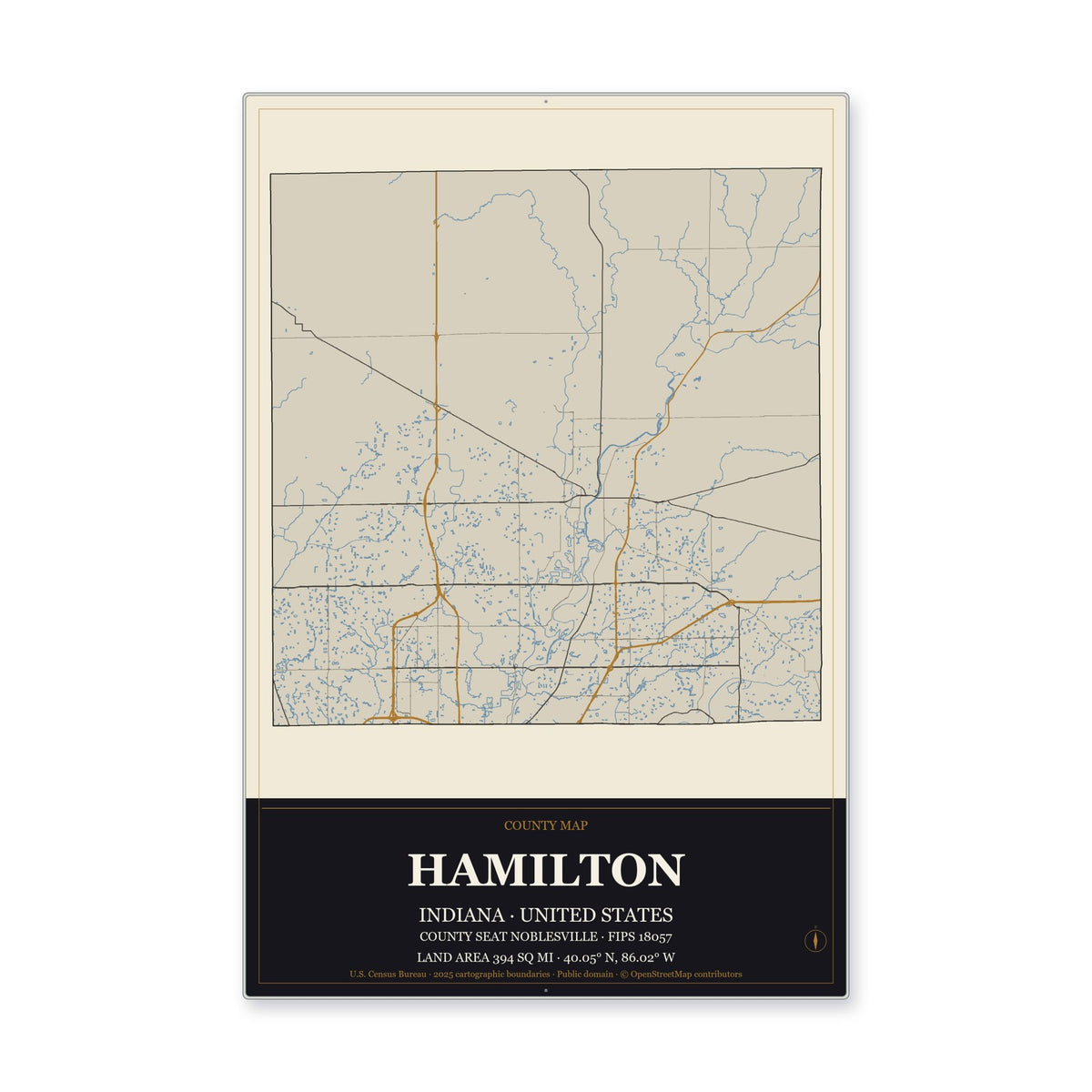 Hamilton County, Indiana Map Aluminum Sign in Museum Plaque style