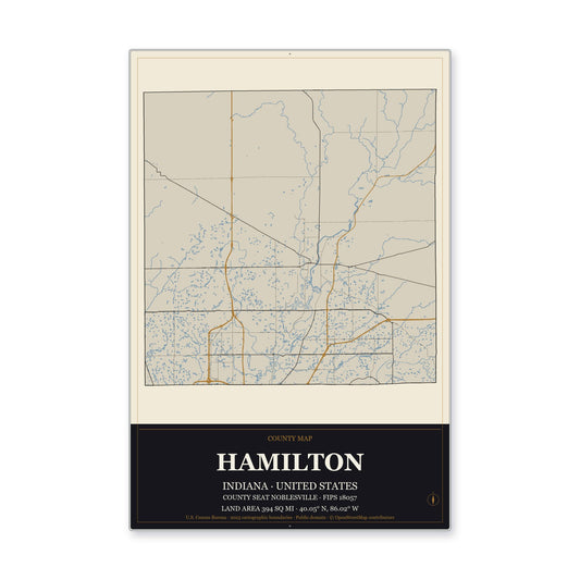Hamilton County, Indiana Map Aluminum Sign in Museum Plaque style