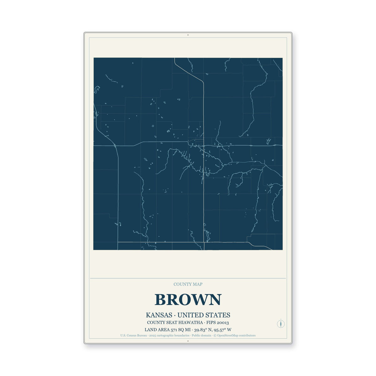 Brown County, Kansas Map Aluminum Sign in Coastal Cutout style