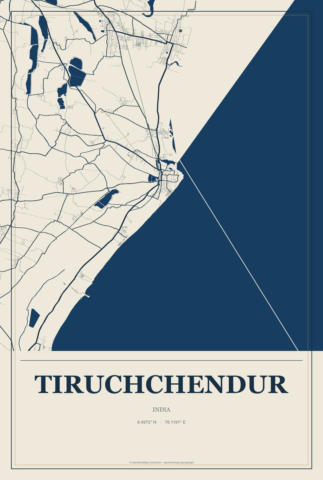 Tiruchchendur, India City Map Aluminum Sign in Coastal Cutout style