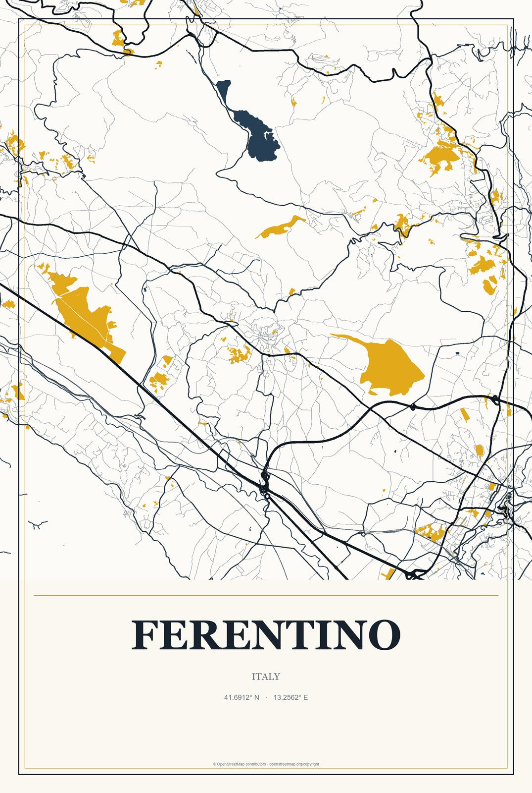 Ferentino, Italy City Map Aluminum Sign in Citrine Modern style