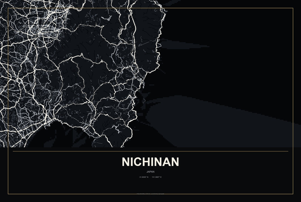Nichinan, Japan City Map Aluminum Sign in Metropolitan Noir style