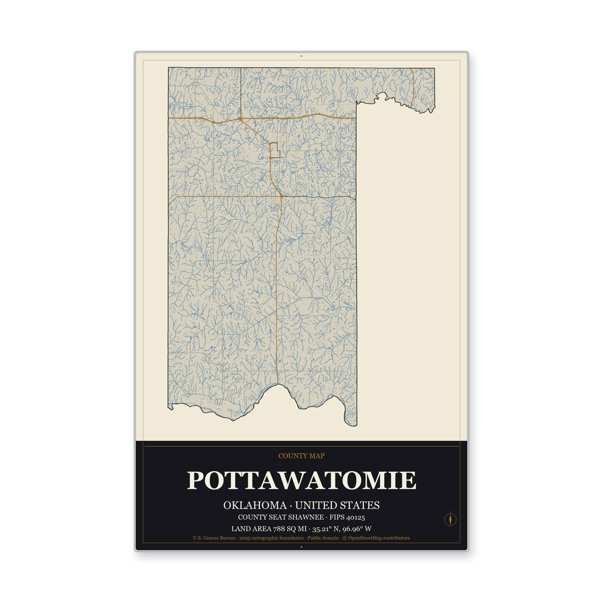 Pottawatomie County, Oklahoma Map Aluminum Sign in Museum Plaque style