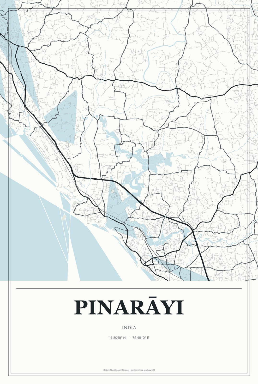 Pinarāyi, India City Map Aluminum Sign in Gallery Air style