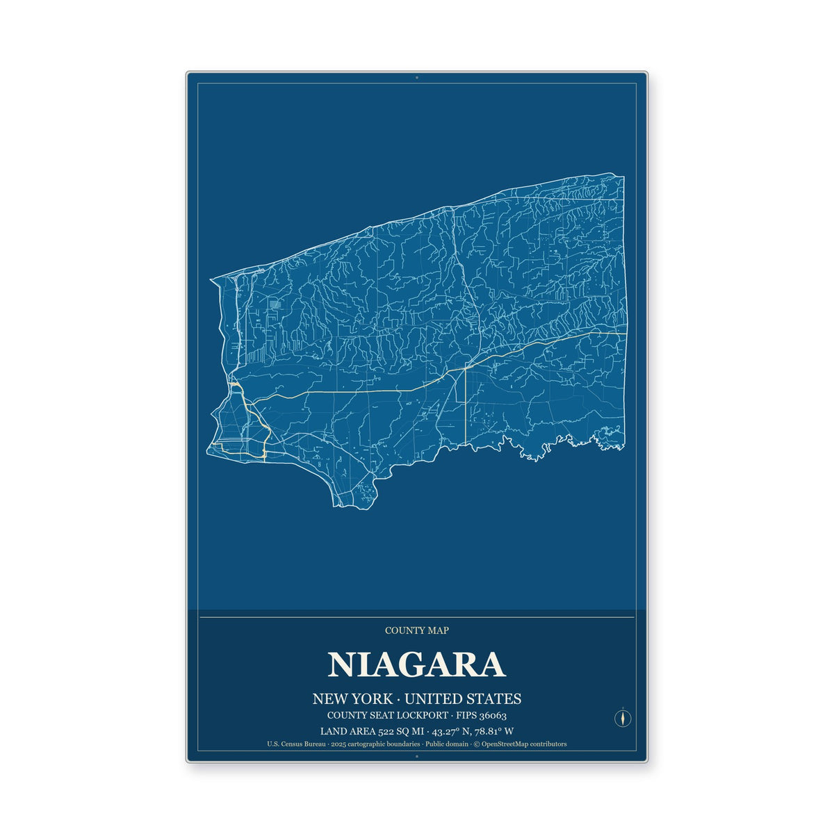 Niagara County, New York Map Aluminum Sign in Harbor Cobalt style