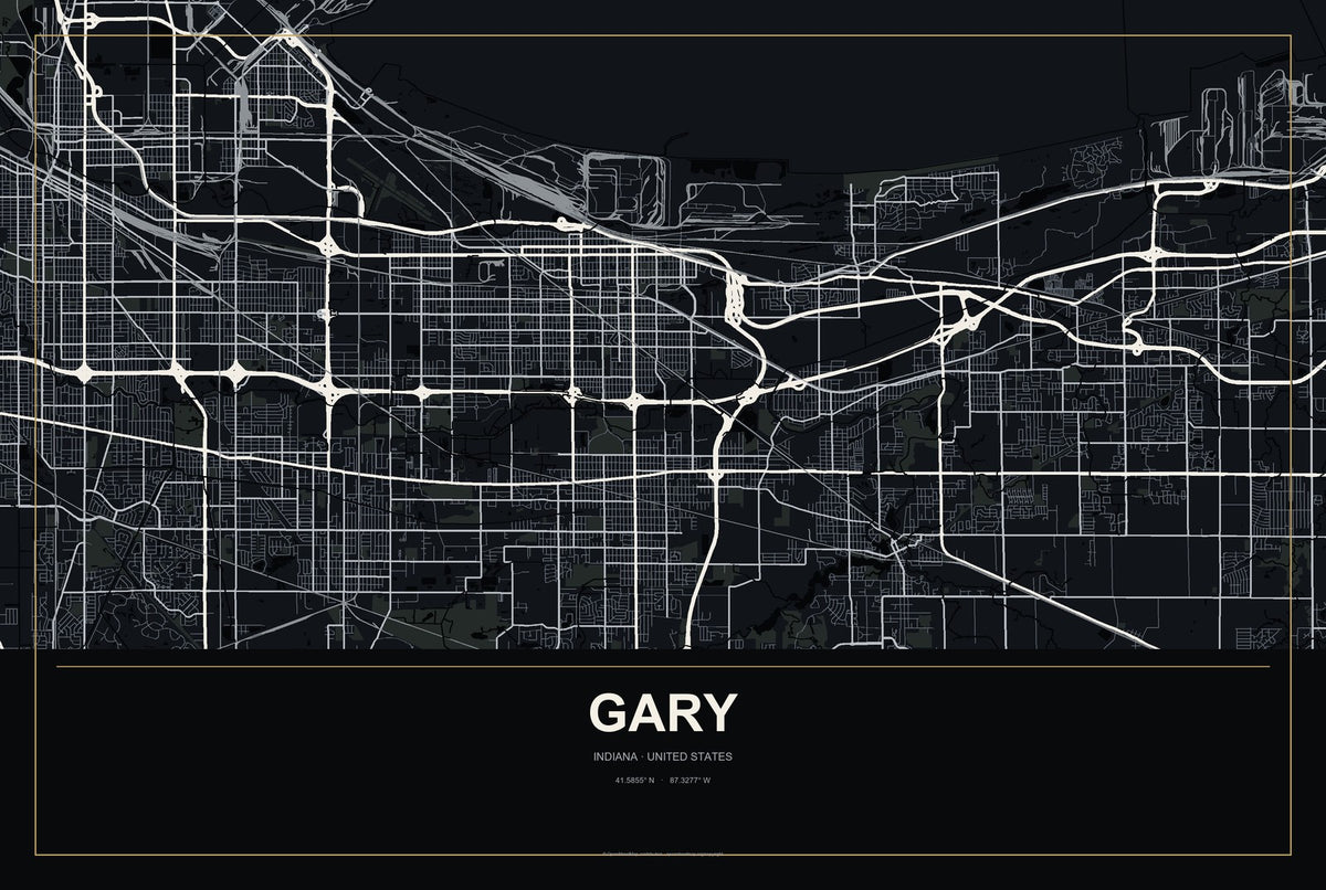 Gary, Indiana City Map Aluminum Sign in Metropolitan Noir style