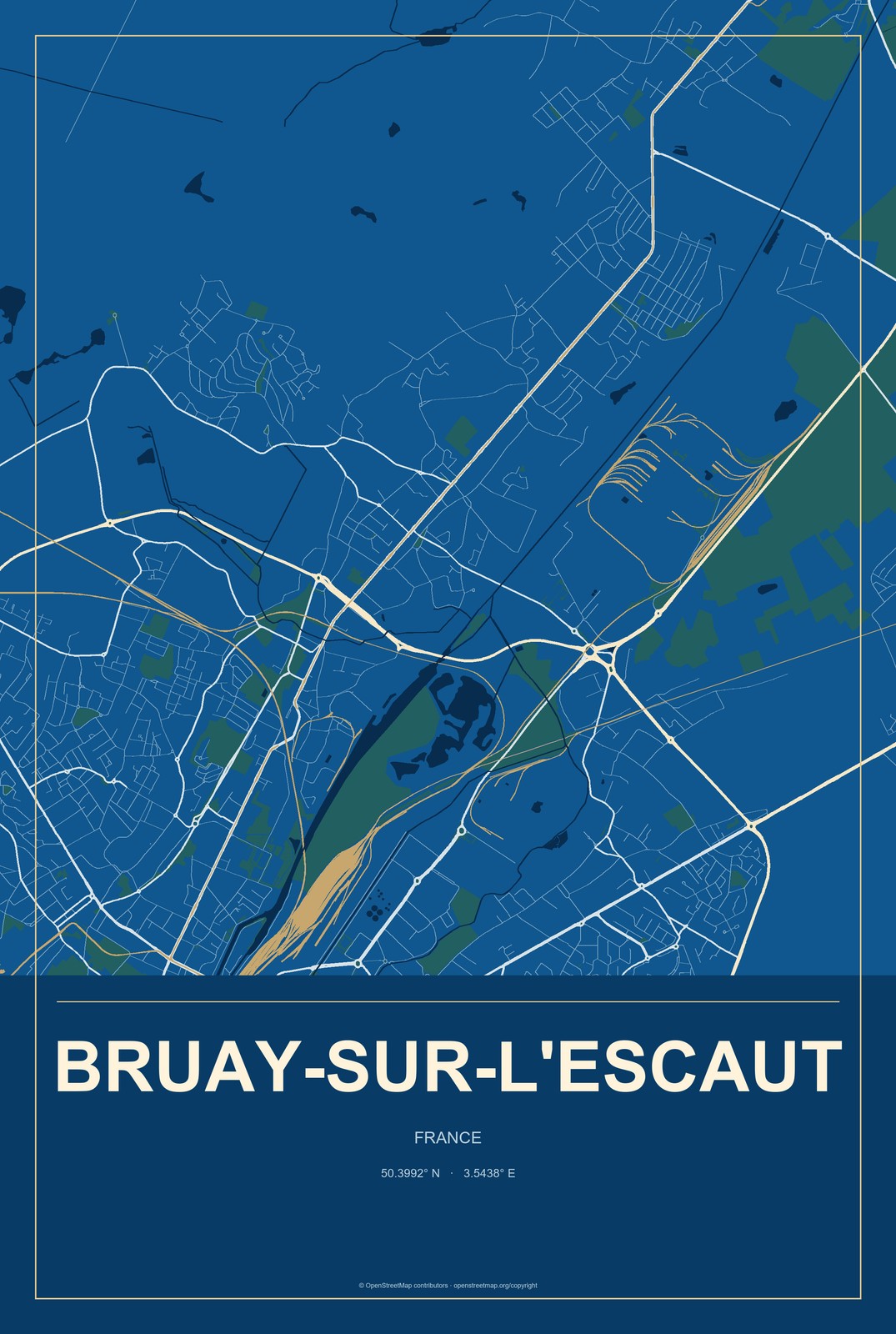 Bruay-sur-l'Escaut, France City Map Aluminum Sign in Harbor Cobalt style