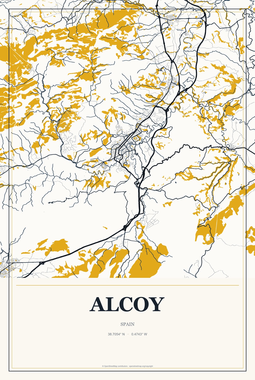 Alcoy, Spain City Map Aluminum Sign in Citrine Modern style