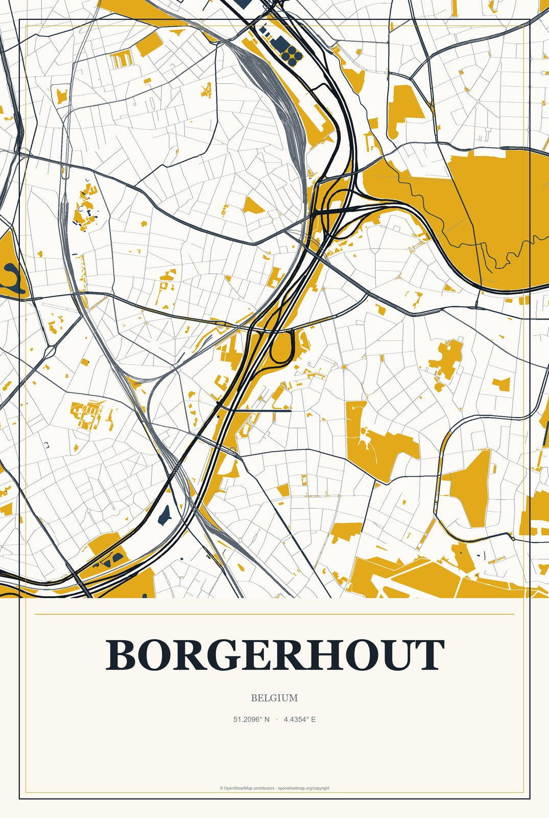 Borgerhout, Belgium City Map Aluminum Sign in Citrine Modern style