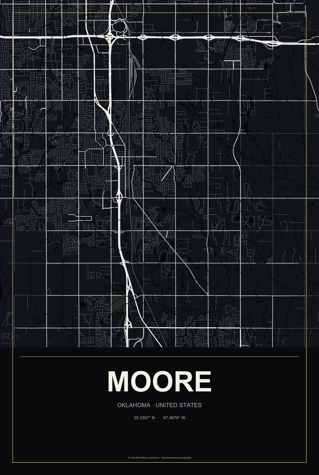 Moore, Oklahoma City Map Aluminum Sign in Metropolitan Noir style
