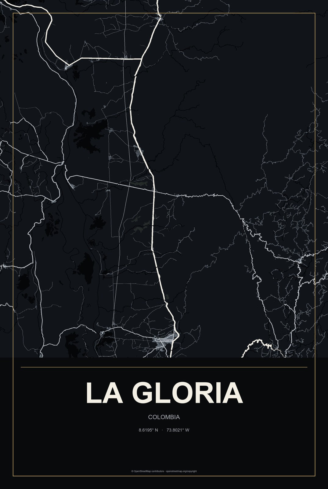 La Gloria, Colombia City Map Aluminum Sign in Metropolitan Noir style