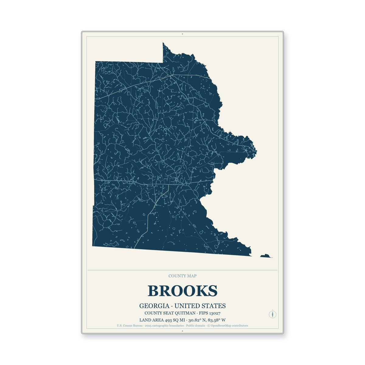 Brooks County, Georgia Map Aluminum Sign in Coastal Cutout style