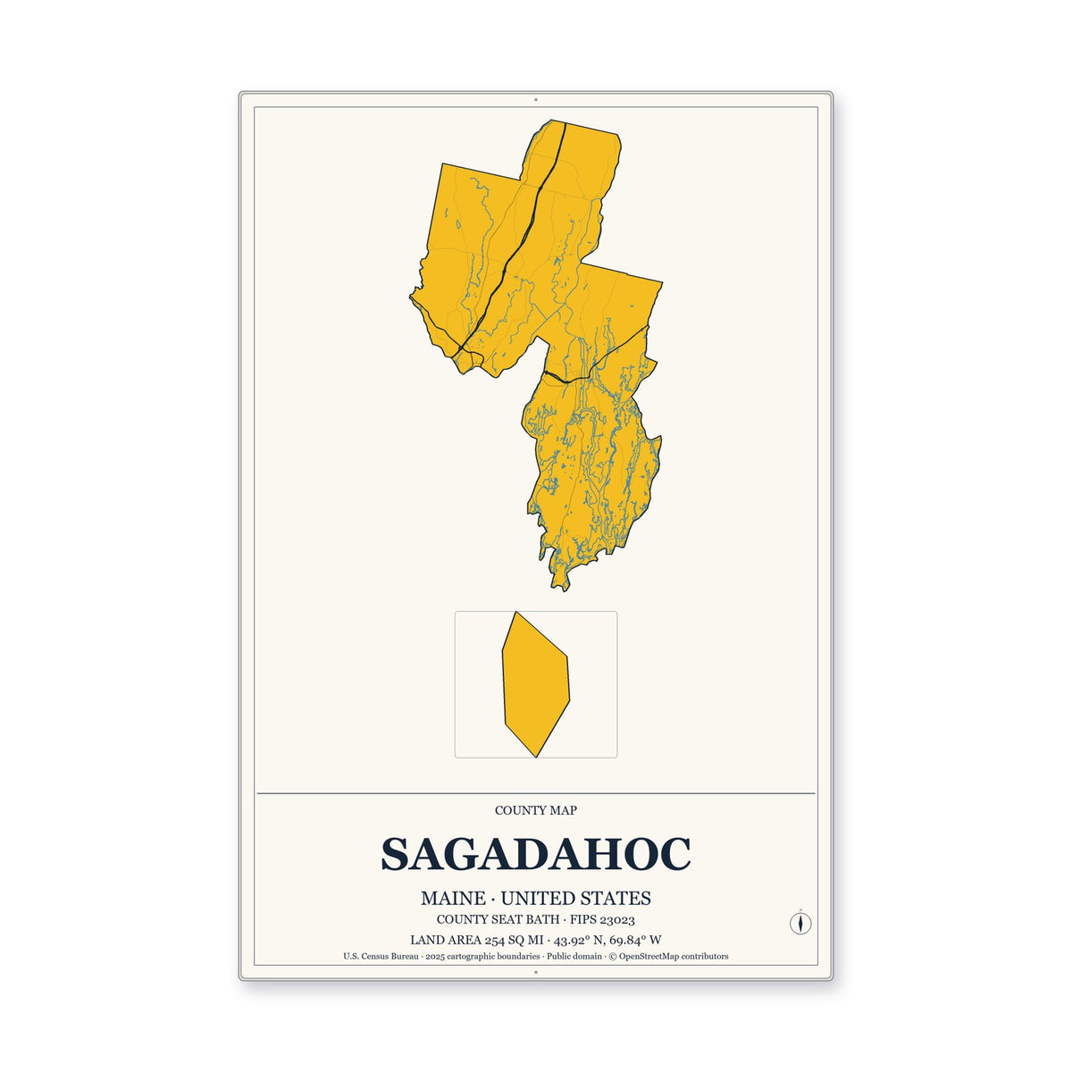 Sagadahoc County, Maine Map Aluminum Sign in Citrine Modern style