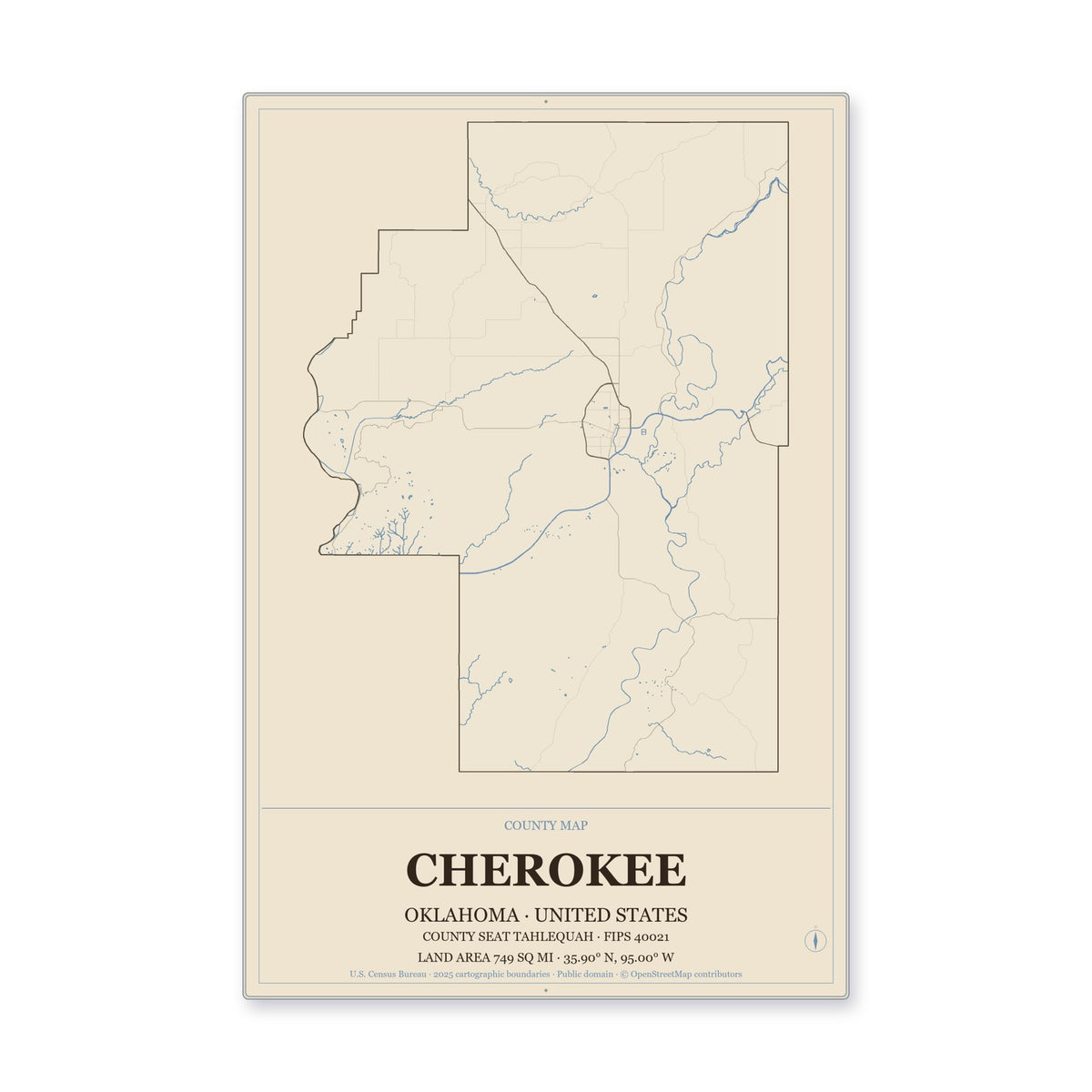 Cherokee County, Oklahoma Map Aluminum Sign in Heritage Nautical style