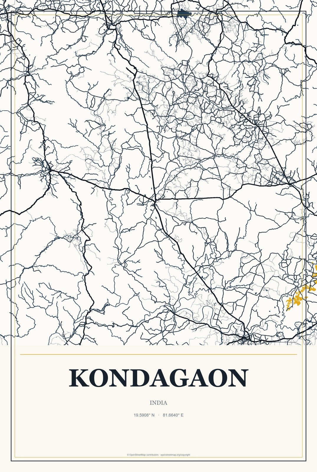 Kondagaon, India City Map Aluminum Sign in Citrine Modern style