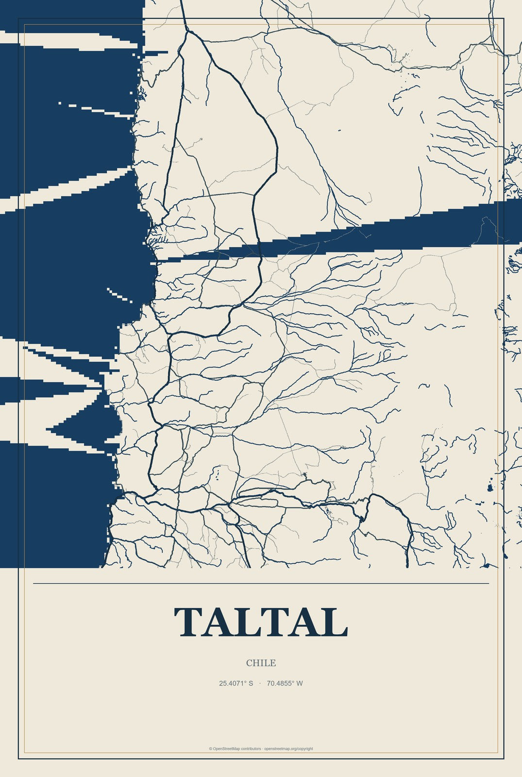 Taltal, Chile City Map Aluminum Sign in Coastal Cutout style