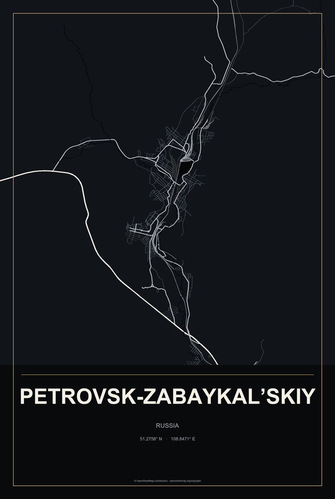 Petrovsk-Zabaykal’skiy, Russia City Map Aluminum Sign in Metropolitan Noir style