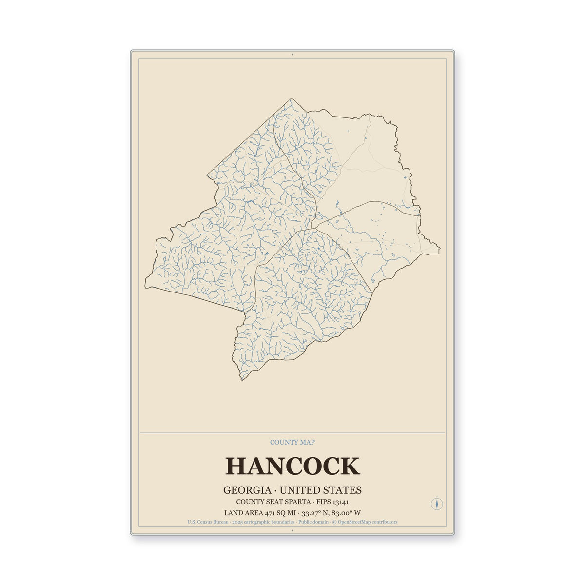 Hancock County, Georgia Map Aluminum Sign in Heritage Nautical style