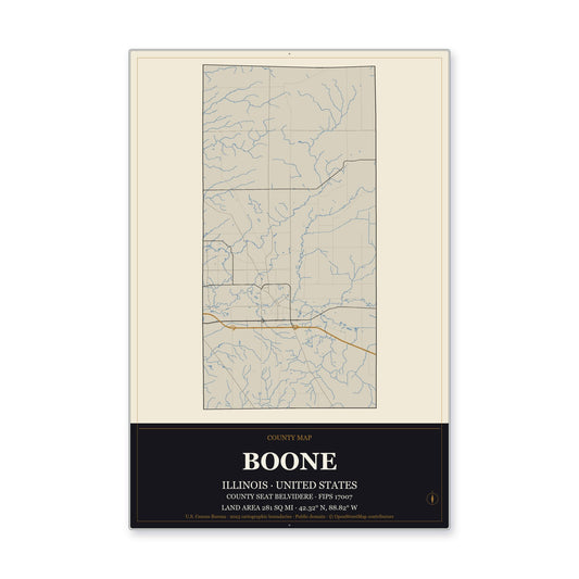 Boone County, Illinois Map Aluminum Sign in Museum Plaque style