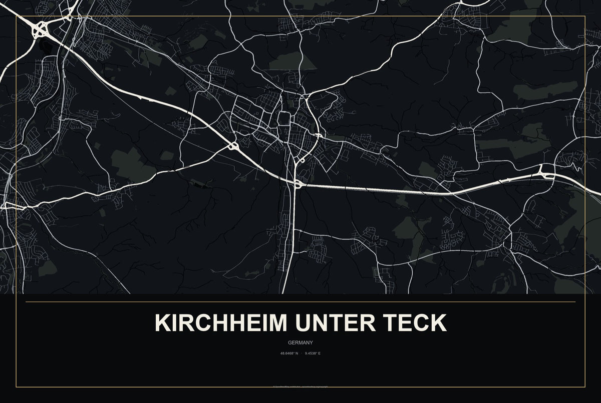 Kirchheim unter Teck, Germany City Map Aluminum Sign in Metropolitan Noir style