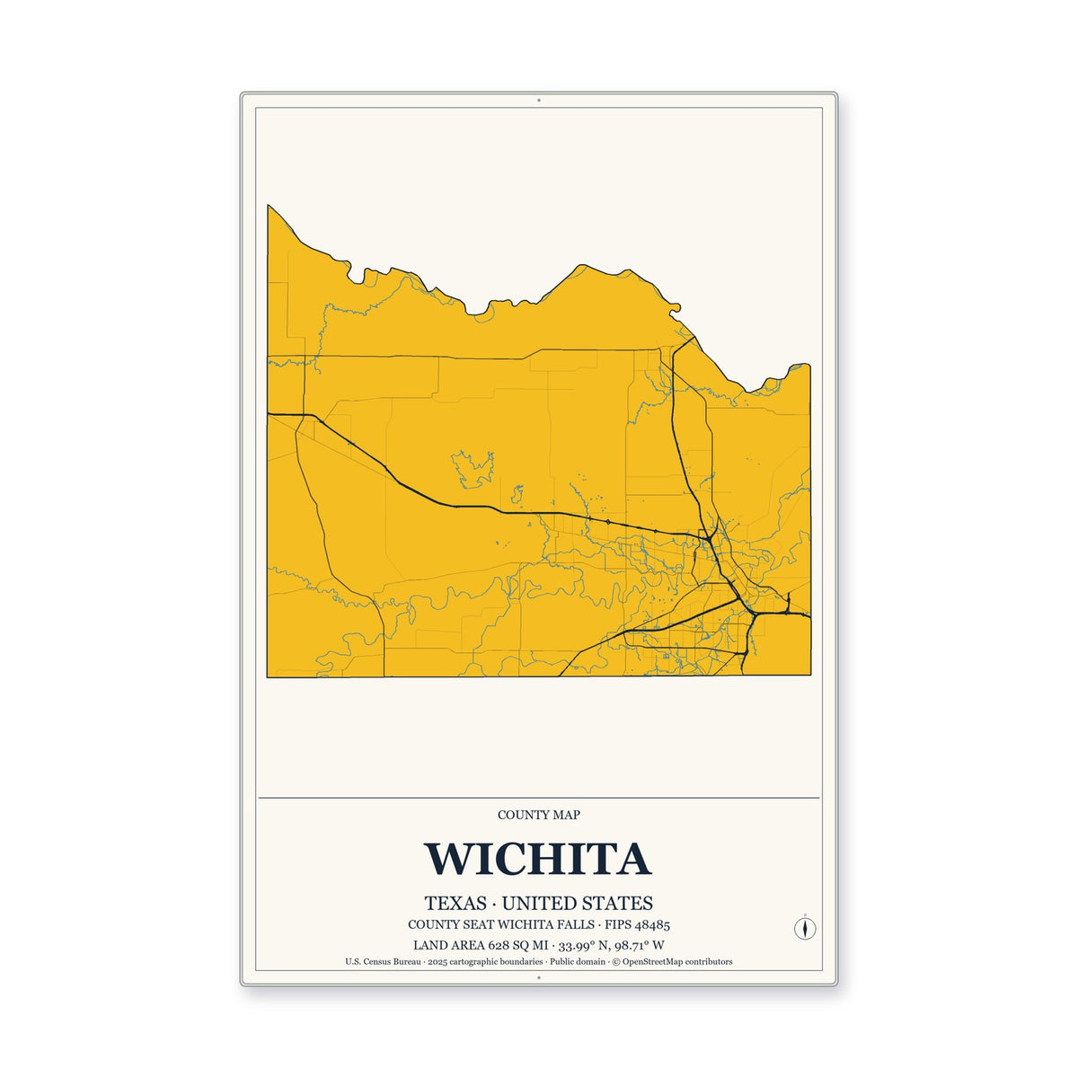 Wichita County, Texas Map Aluminum Sign in Citrine Modern style
