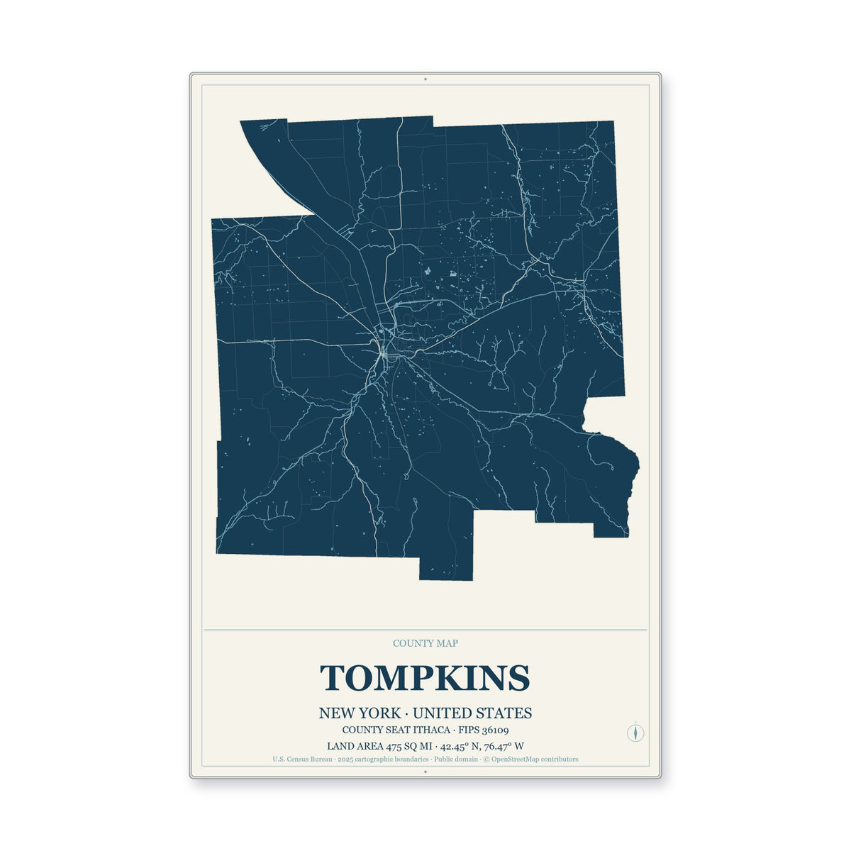 Tompkins County, New York Map Aluminum Sign in Coastal Cutout style