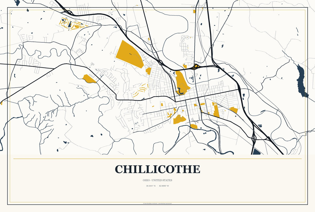 Chillicothe, Ohio City Map Aluminum Sign in Citrine Modern style