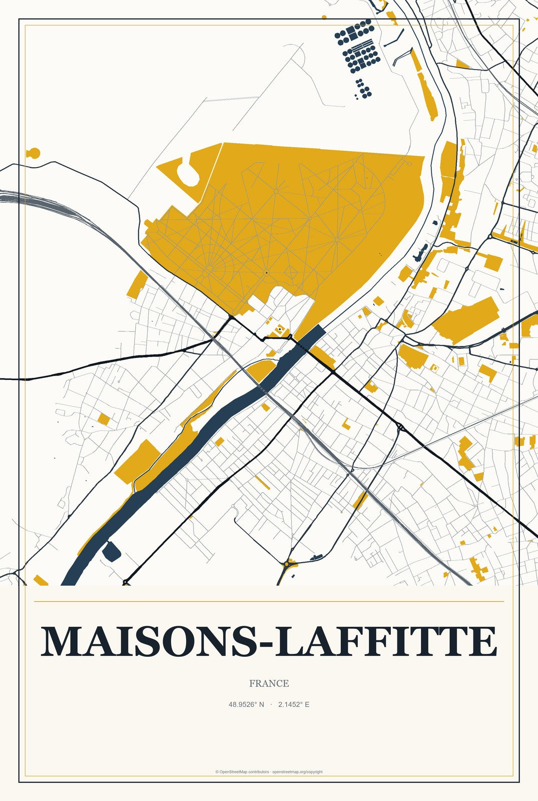 Maisons-Laffitte, France City Map Aluminum Sign in Citrine Modern style