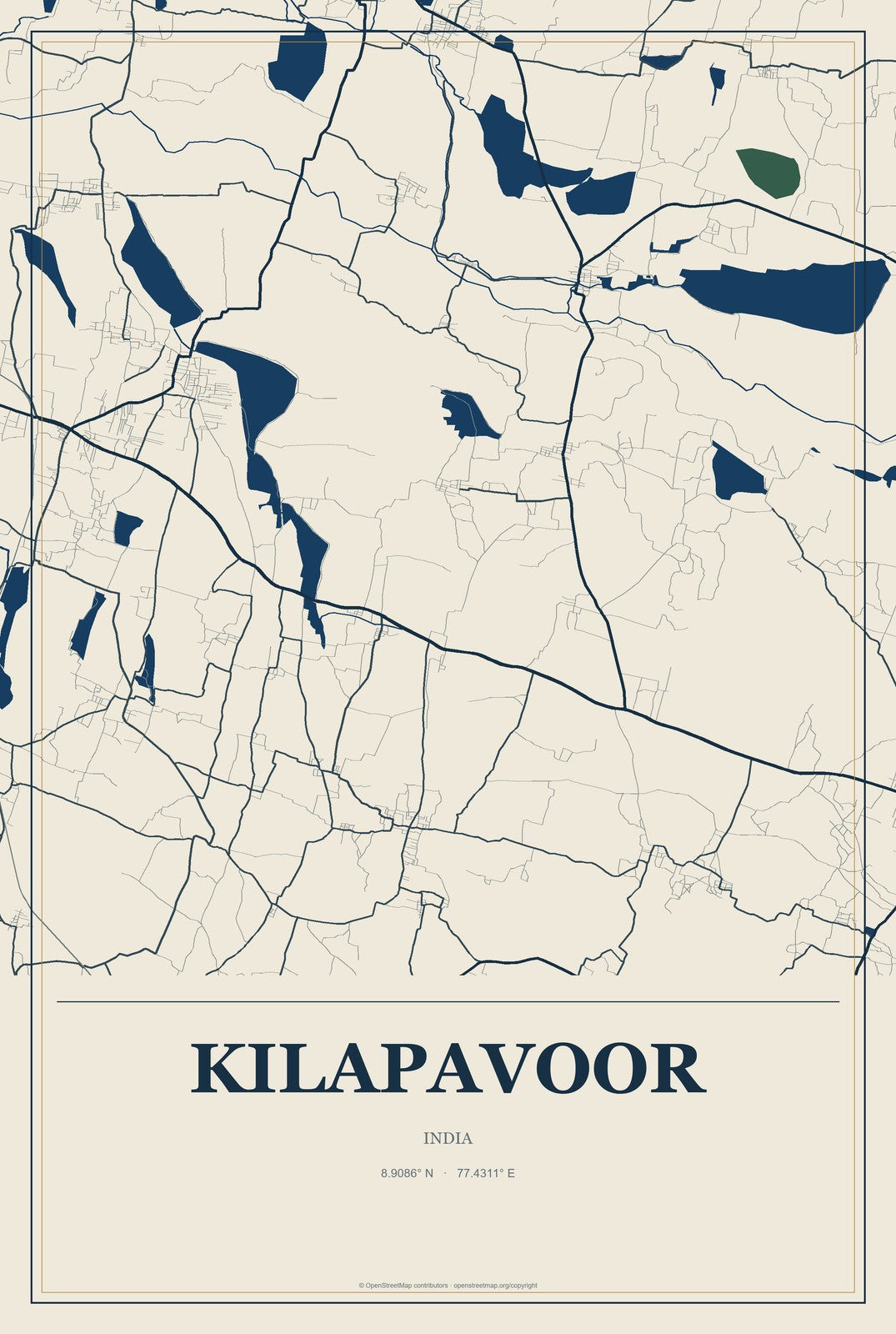 Kilapavoor, India City Map Aluminum Sign in Coastal Cutout style