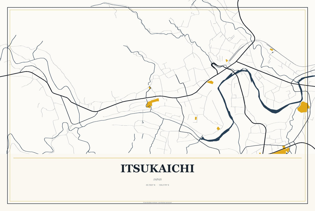 Itsukaichi, Japan City Map Aluminum Sign in Citrine Modern style
