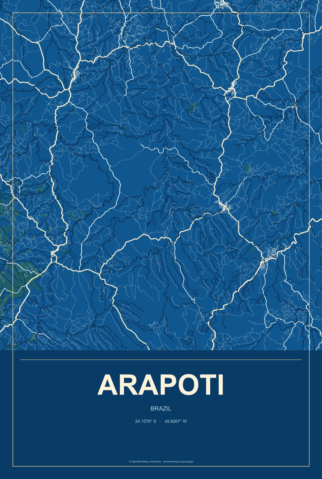 Arapoti, Brazil City Map Aluminum Sign in Harbor Cobalt style