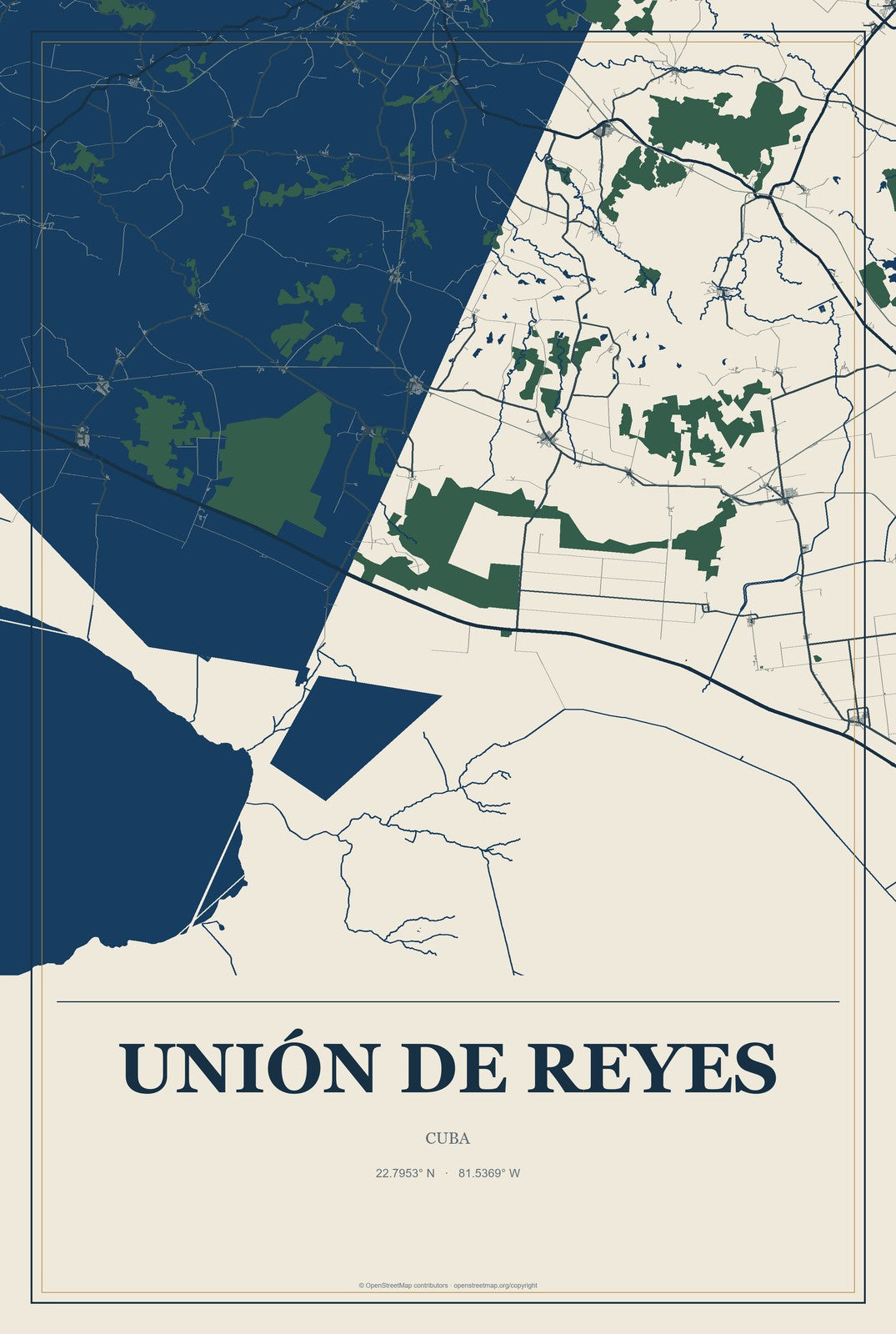 Unión de Reyes, Cuba City Map Aluminum Sign in Coastal Cutout style