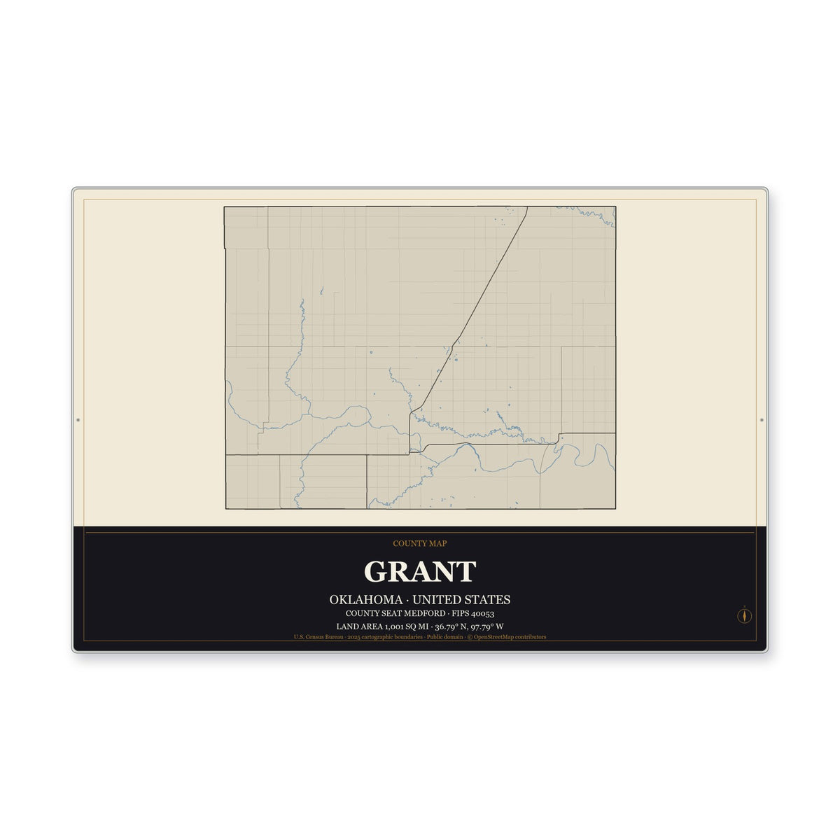 Grant County, Oklahoma Map Aluminum Sign in Museum Plaque style