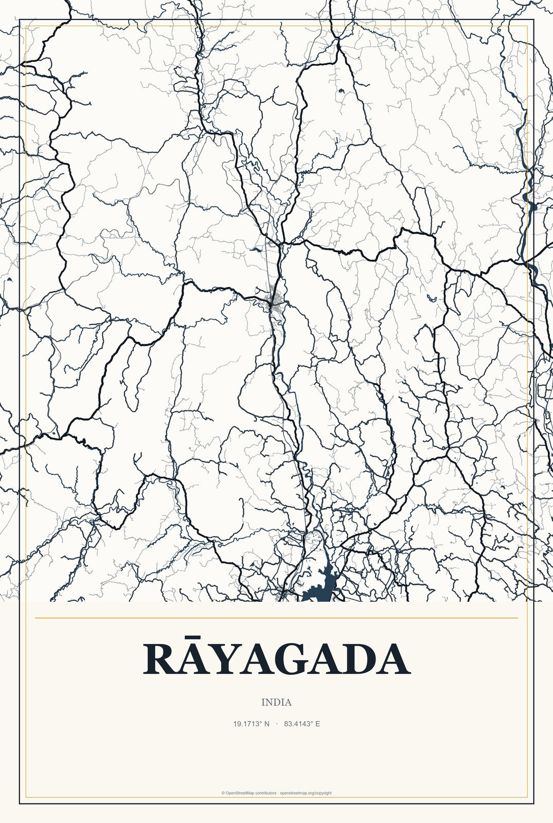 Rāyagada, India City Map Aluminum Sign in Citrine Modern style