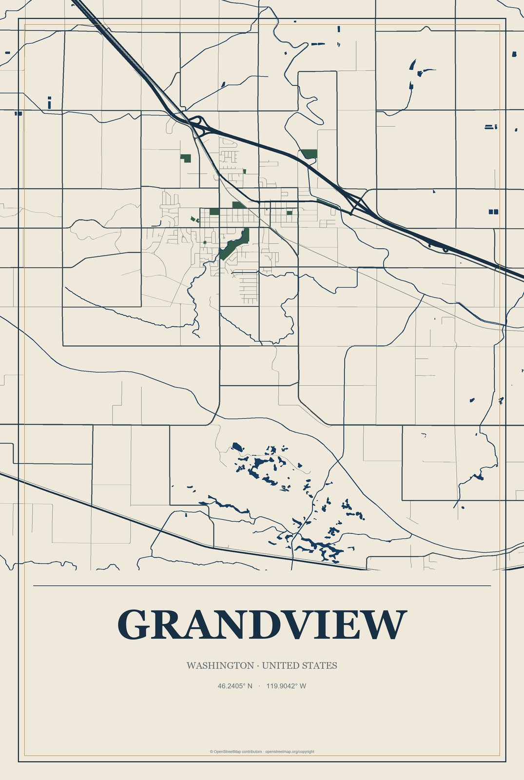 Grandview, Washington City Map Aluminum Sign in Coastal Cutout style