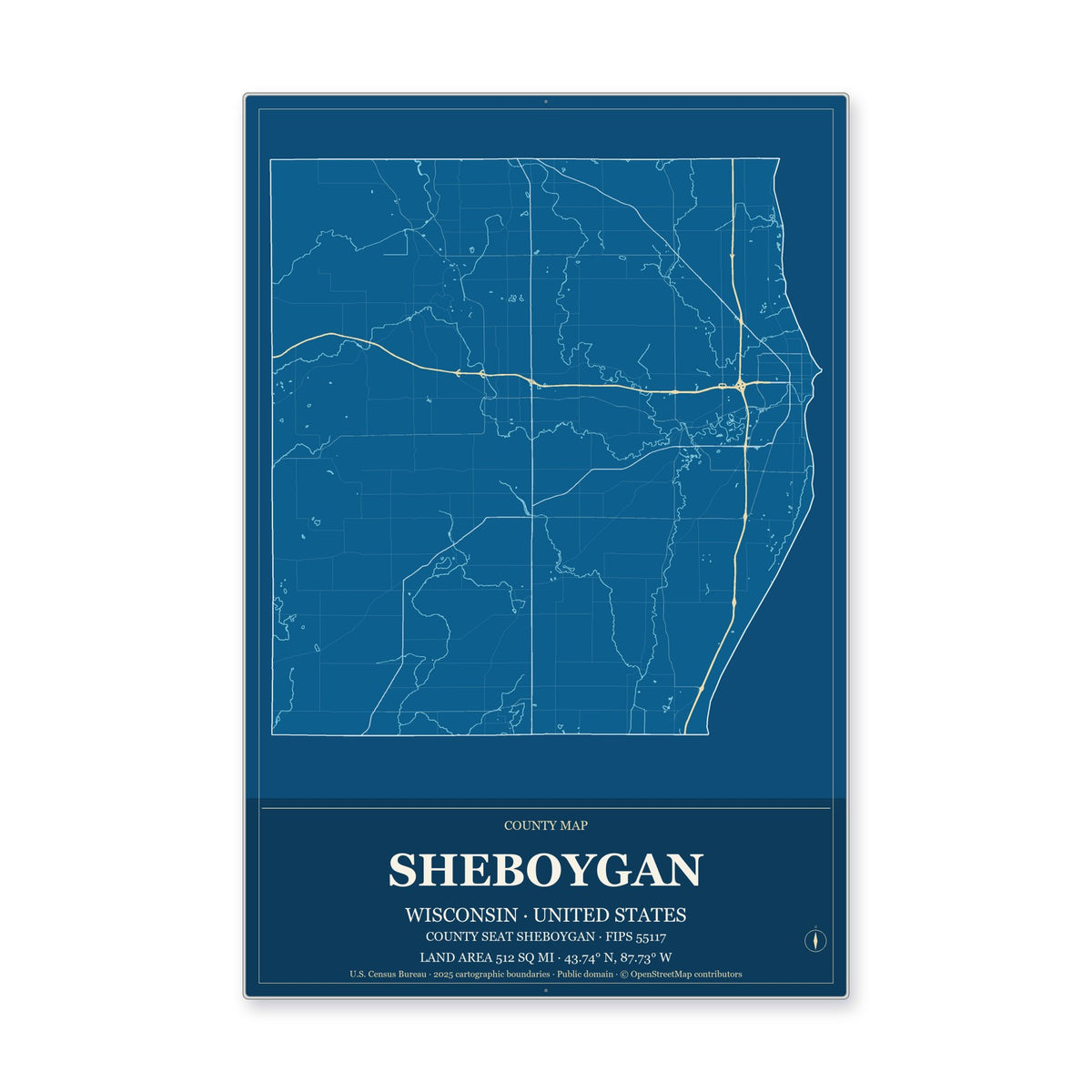 Sheboygan County, Wisconsin Map Aluminum Sign in Harbor Cobalt style